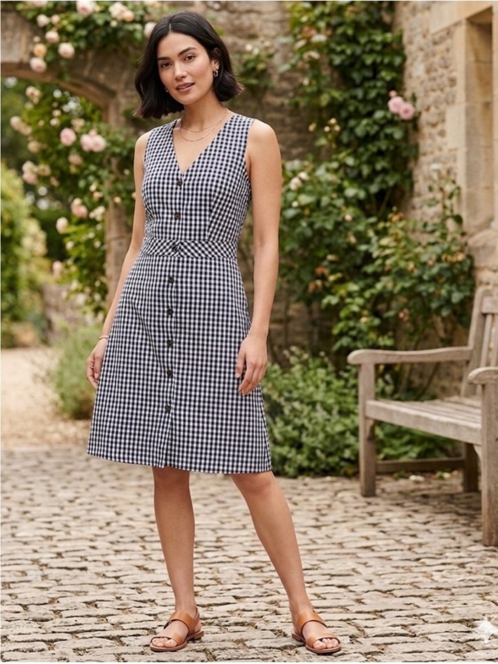 J. Crew Navy & White Gingham V-Neck Button-Front Dress 100% Cotton Size 10